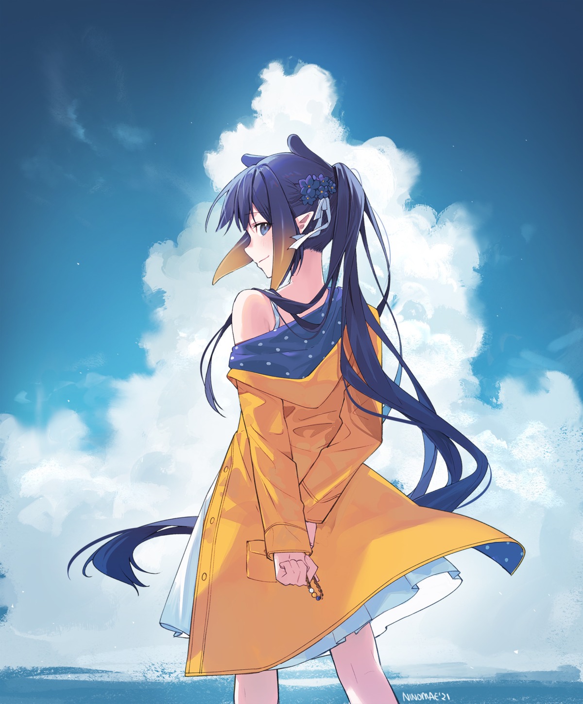dress, hololive, hololive_english, ninomae_ina'nis, ninomae_ina'nis_(artist), pointy_ears, skirt_lift