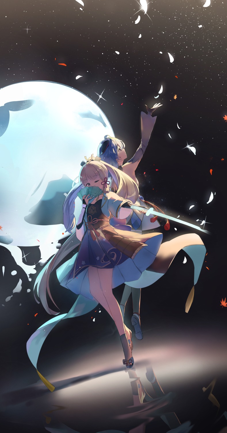 armor, derby_(dabidabi), ganyu, genshin_impact, japanese_clothes, kamisato_ayaka, skirt_lift, sword