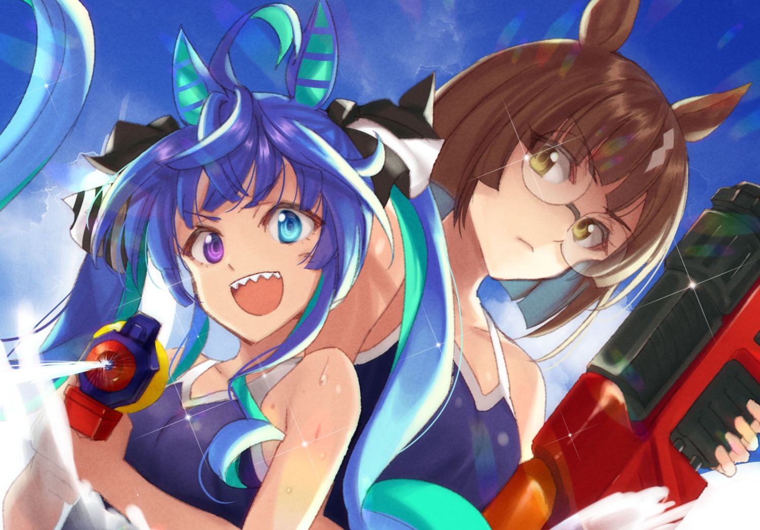 animal_ears, gun, heterochromia, ikuno_dictus_(umamusume), kabocha_(monkey4), megane, school_swimsuit, swimsuits, twin_turbo_(umamusume), uma_musume_pretty_derby