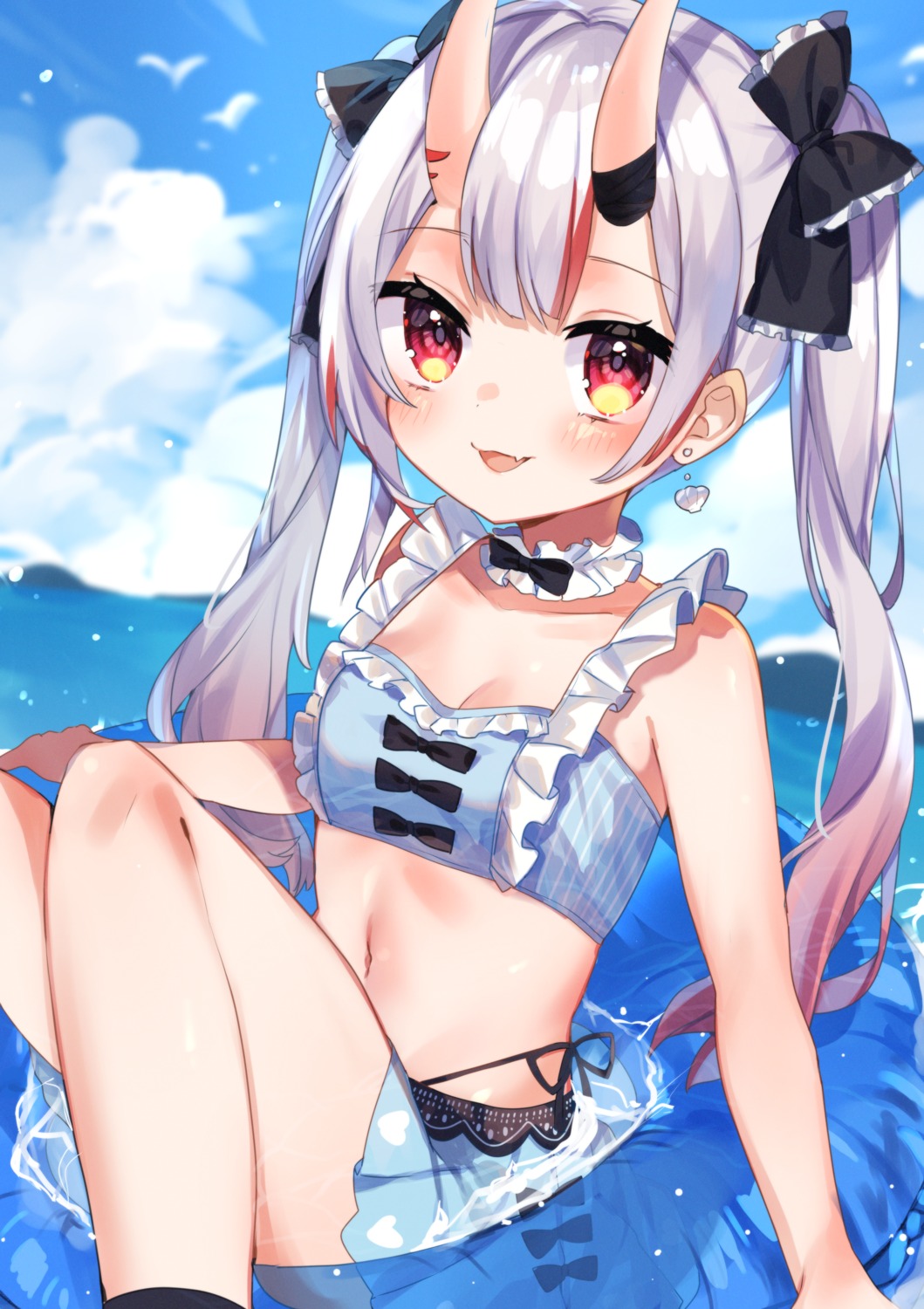 cleavage, hololive, horns, nakiri_ayame, noi_mine, skirt_lift, wet