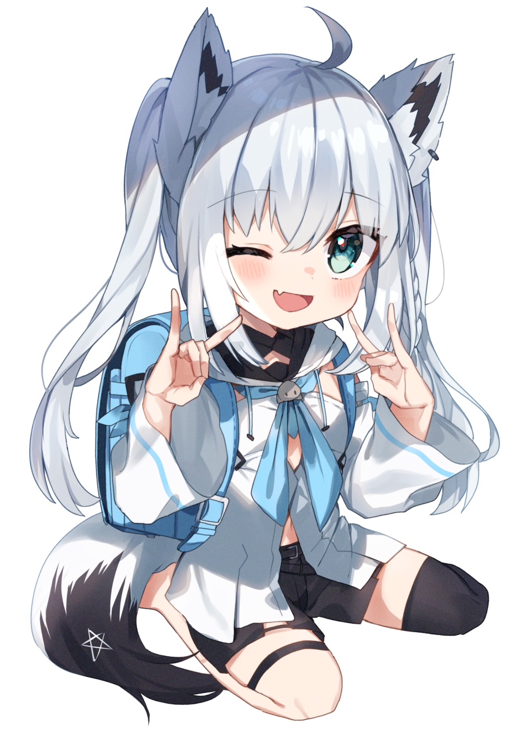 animal_ears, chibi, garter, hololive, hololive_gamers, kitsune, noi_mine, shirakami_fubuki, tail, thighhighs