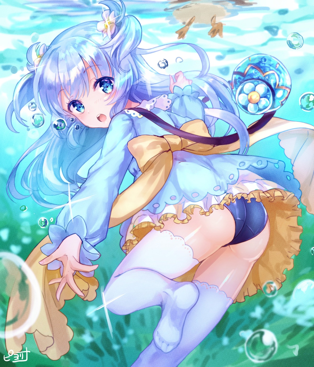 ass, baikamo_(flower_knight_girl), feet, flower_knight_girl, piyoyanagi, skirt_lift, swimsuits, thighhighs