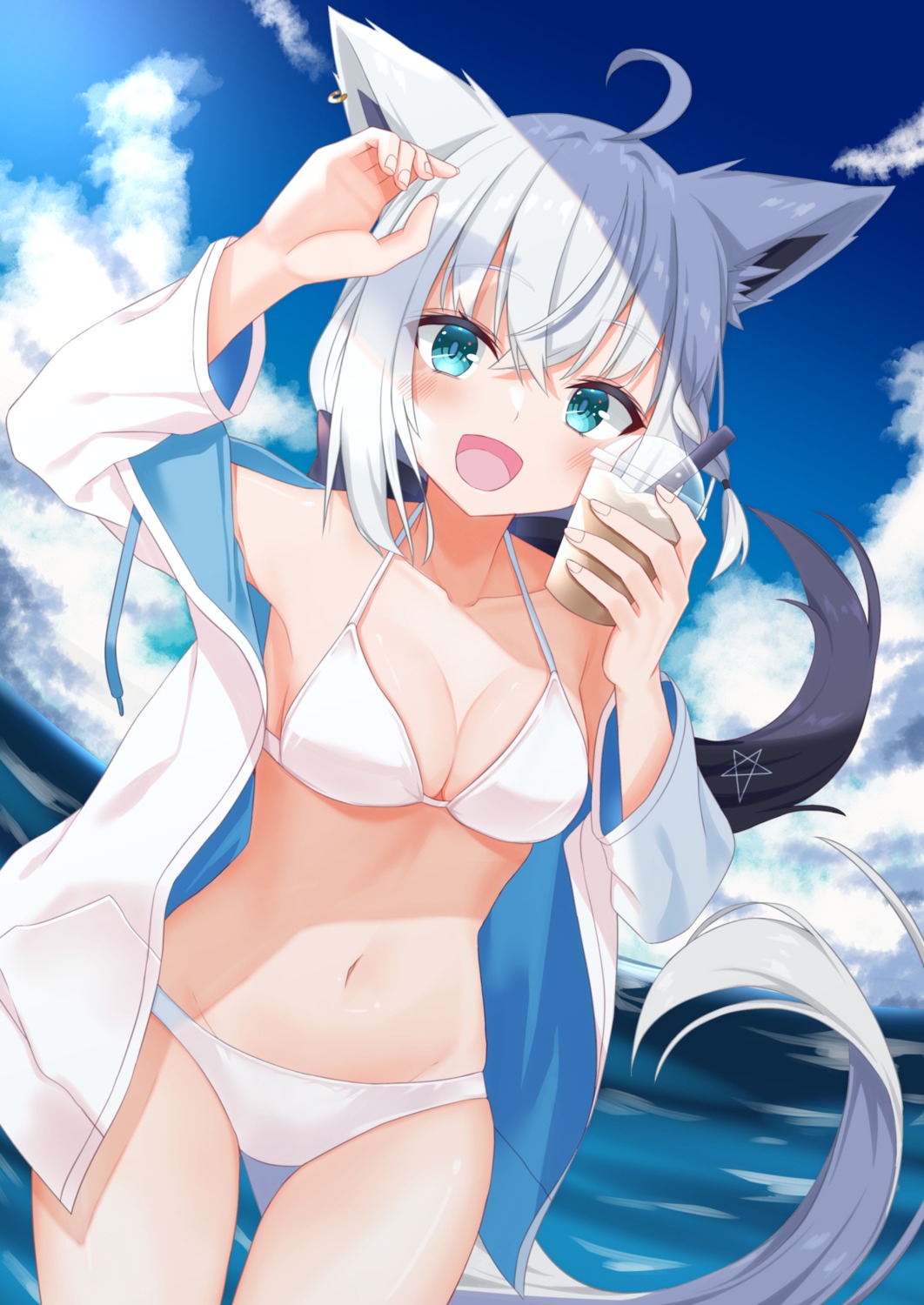 animal_ears, bikini, divergenceok, hololive, hololive_gamers, kitsune, open_shirt, shirakami_fubuki, swimsuits, tail