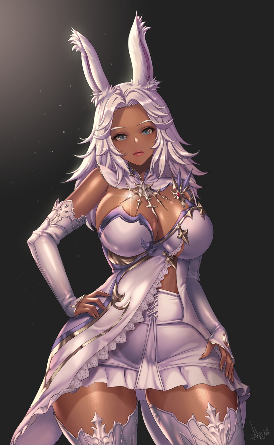 animal_ears, bunny_ears, final_fantasy, final_fantasy_xiv, mad_kimo, no_bra, thighhighs, viera