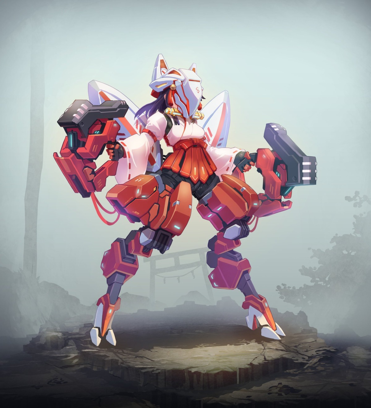 animal_ears, gun, ichiyon, kitsune, mecha_musume, miko
