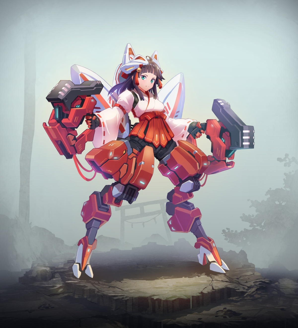 animal_ears, gun, ichiyon, kitsune, mecha_musume, miko