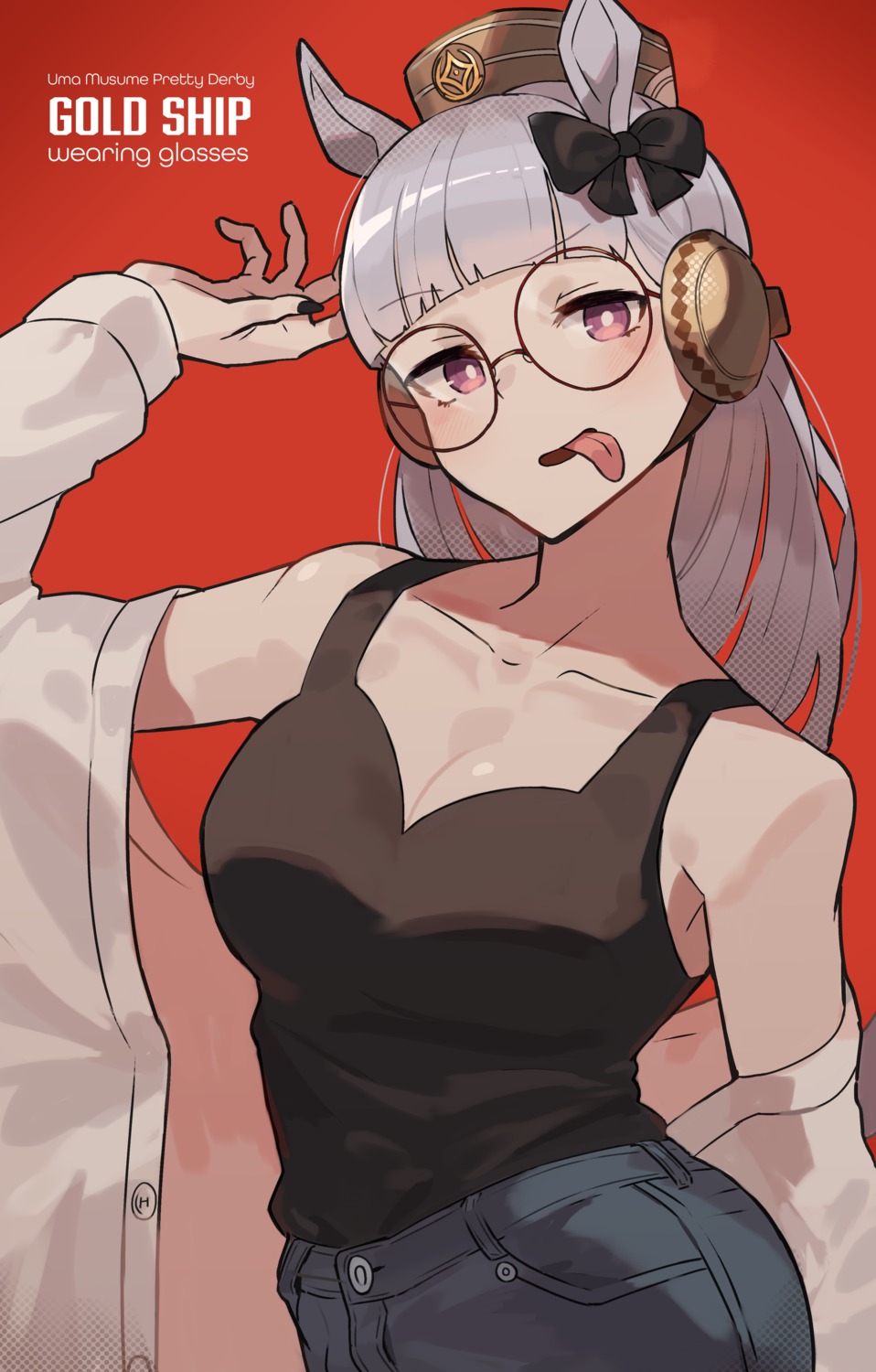 animal_ears, cleavage, gold_ship_(umamusume), katsu_(katsupainter), megane, open_shirt, uma_musume_pretty_derby