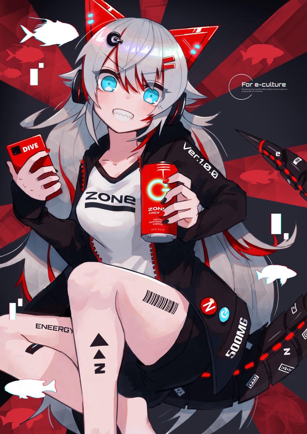 animal_ears, headphones, katsu_(katsupainter), nekomimi, tail, tattoo, zone_(drink)