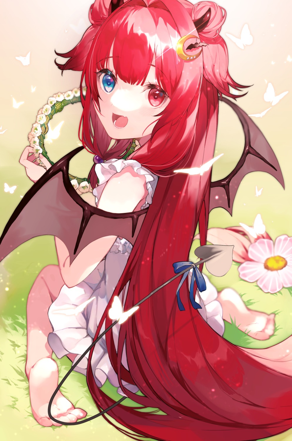 aisagi_(tsu_ya28), dress, feet, heterochromia, horns, nijisanji, tail, wings