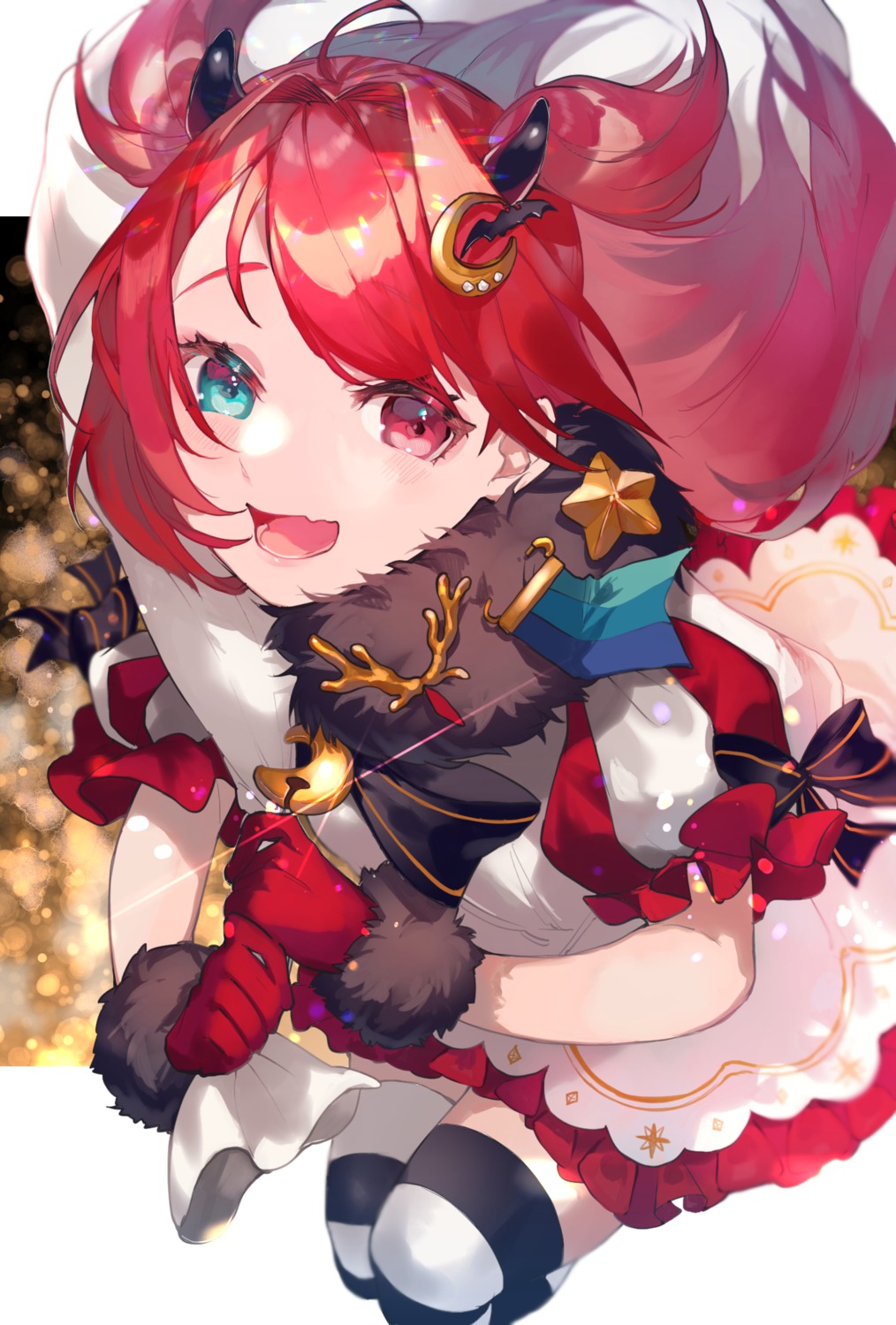aisagi_(tsu_ya28), christmas, dress, heterochromia, horns, nijisanji, skirt_lift, thighhighs, yuzuki_roa