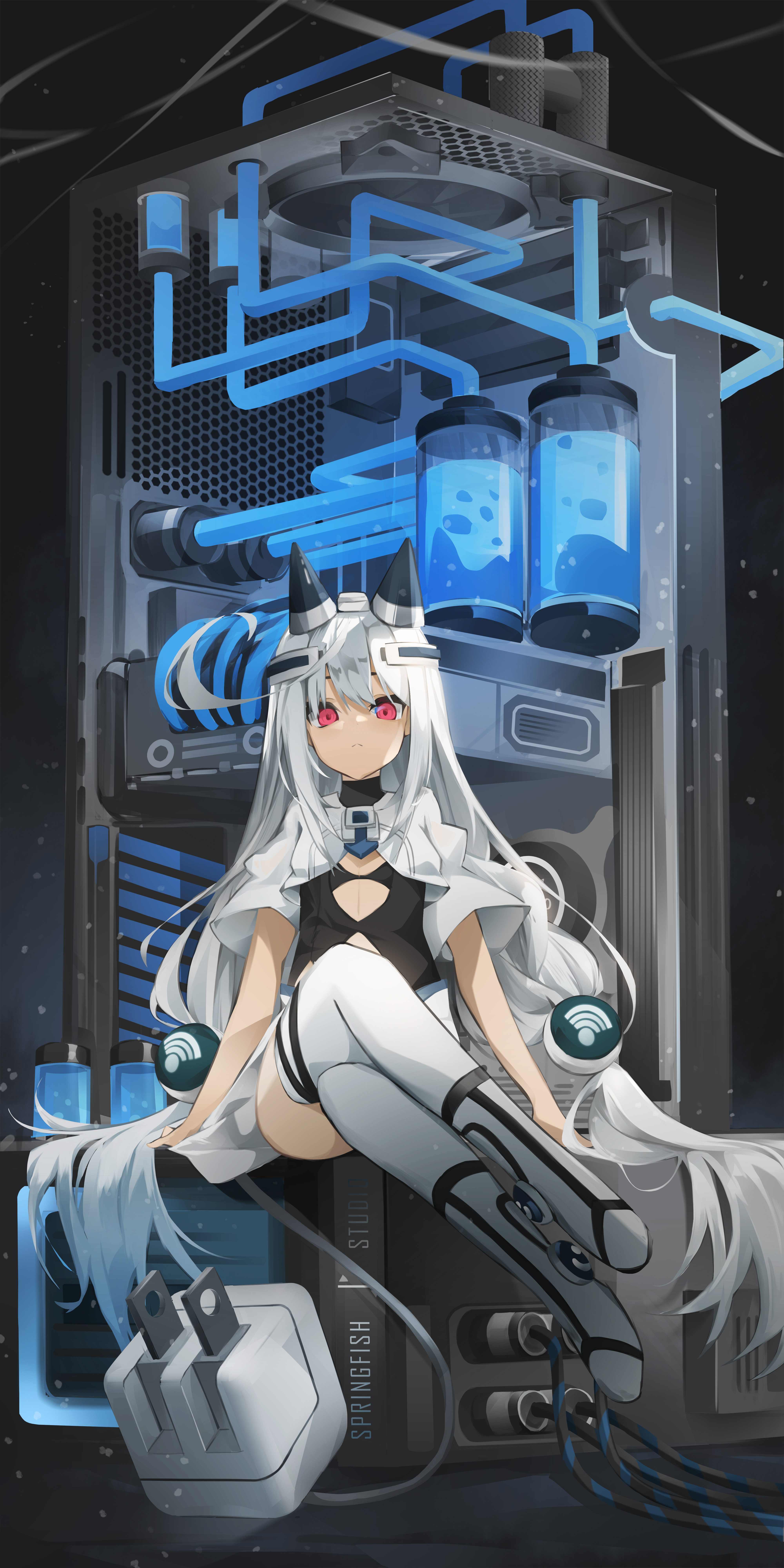 bra, computer_terminal_girls, padko, skirt_lift, thighhighs, zelef