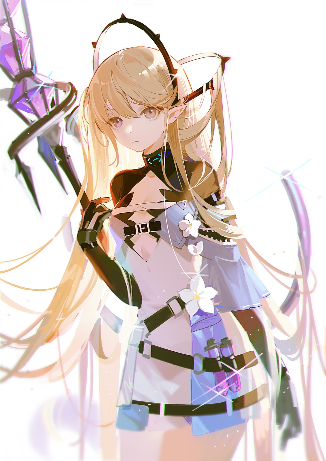 7tkei, arknights, indigo_(arknights), no_bra, pointy_ears, weapon
