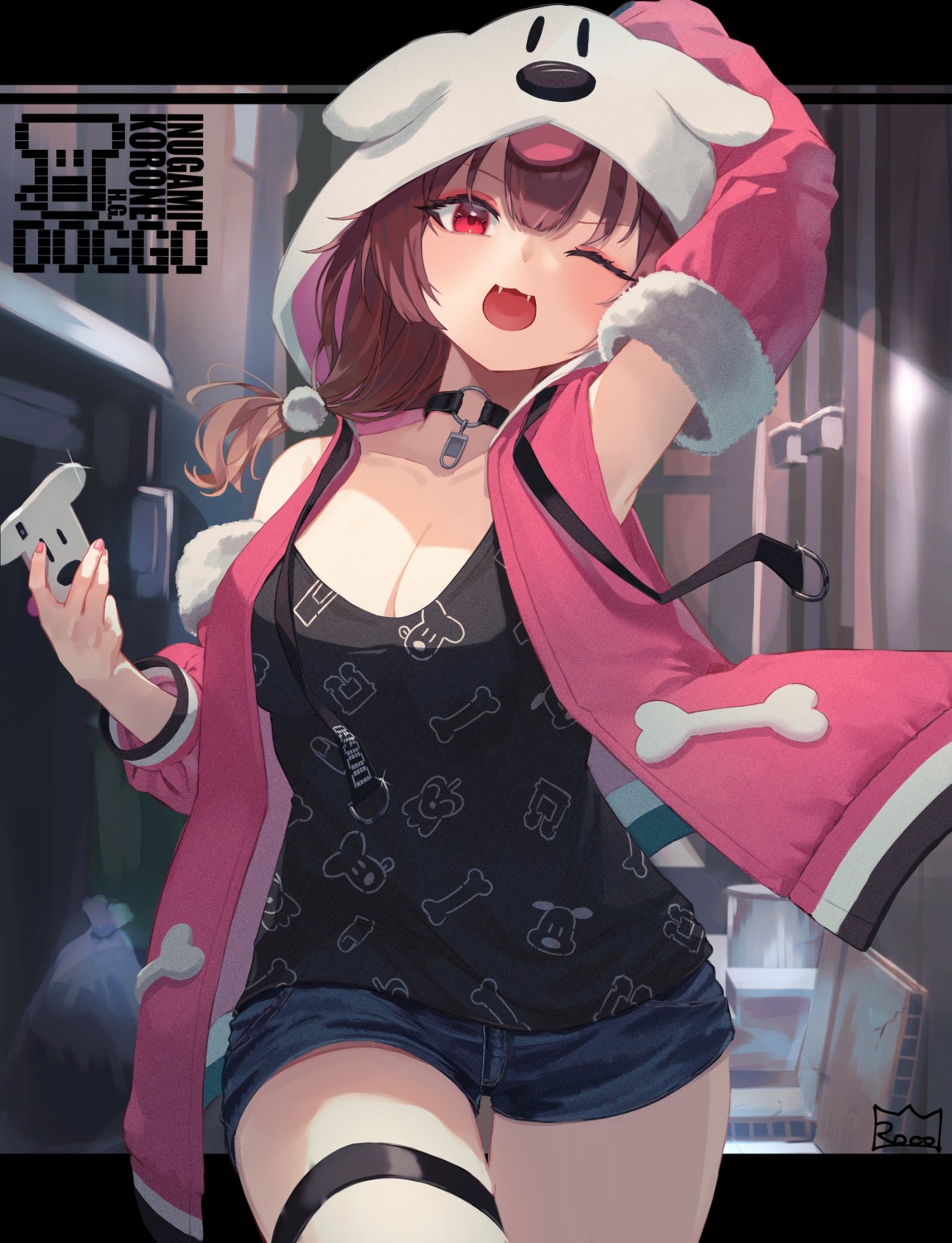 animal_ears, cleavage, garter, hololive, hololive_gamers, inugami_korone, inumimi, roco_(rocoroco1115)