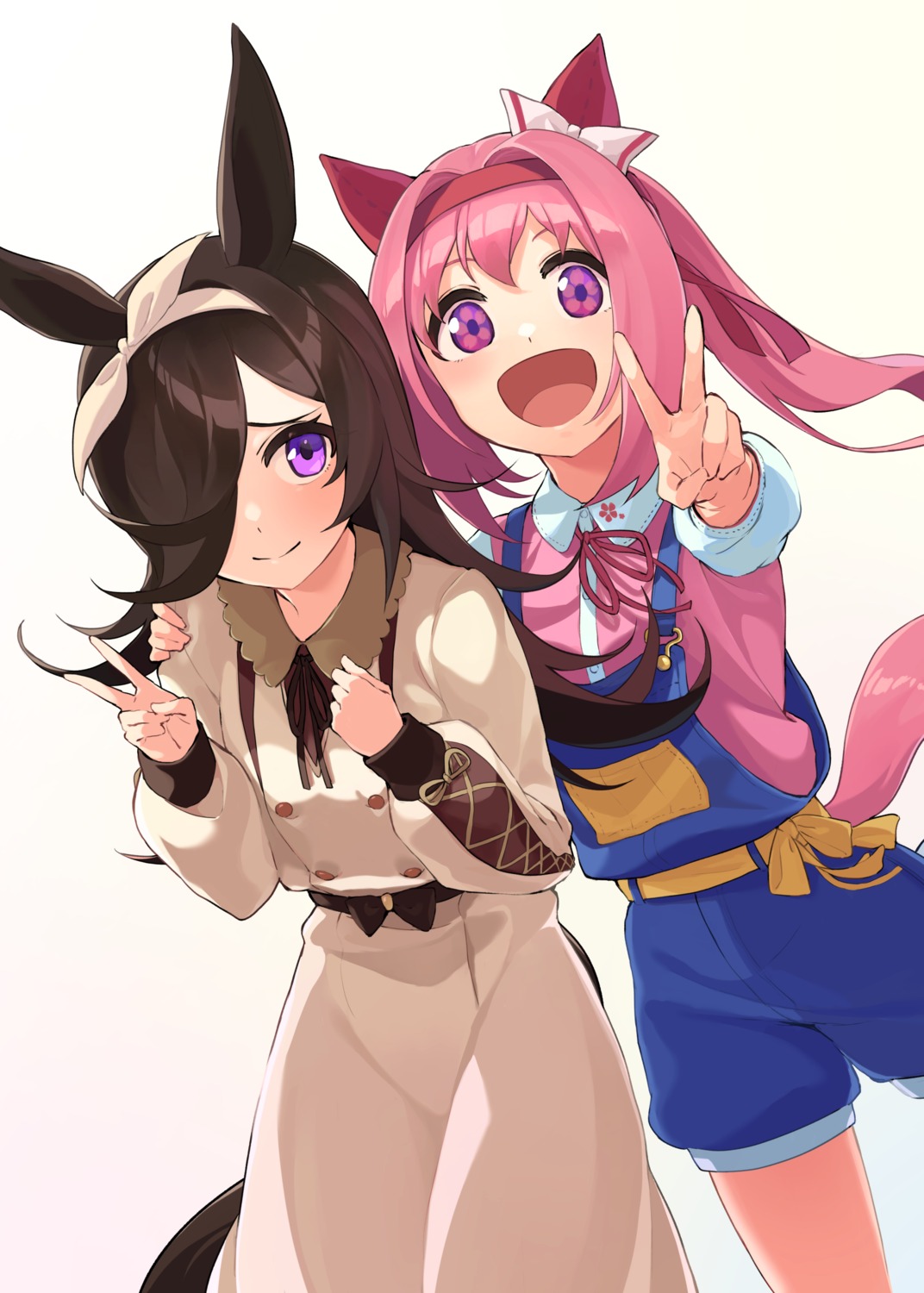 animal_ears, dress, haru_urara_(umamusume), inuyabu_cc, overalls, rice_shower_(umamusume), tail, uma_musume_pretty_derby