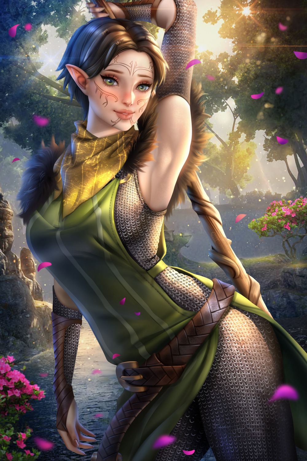 armor, ayyasap, dragon_age, merill_(dragon_age), pointy_ears, tattoo, weapon
