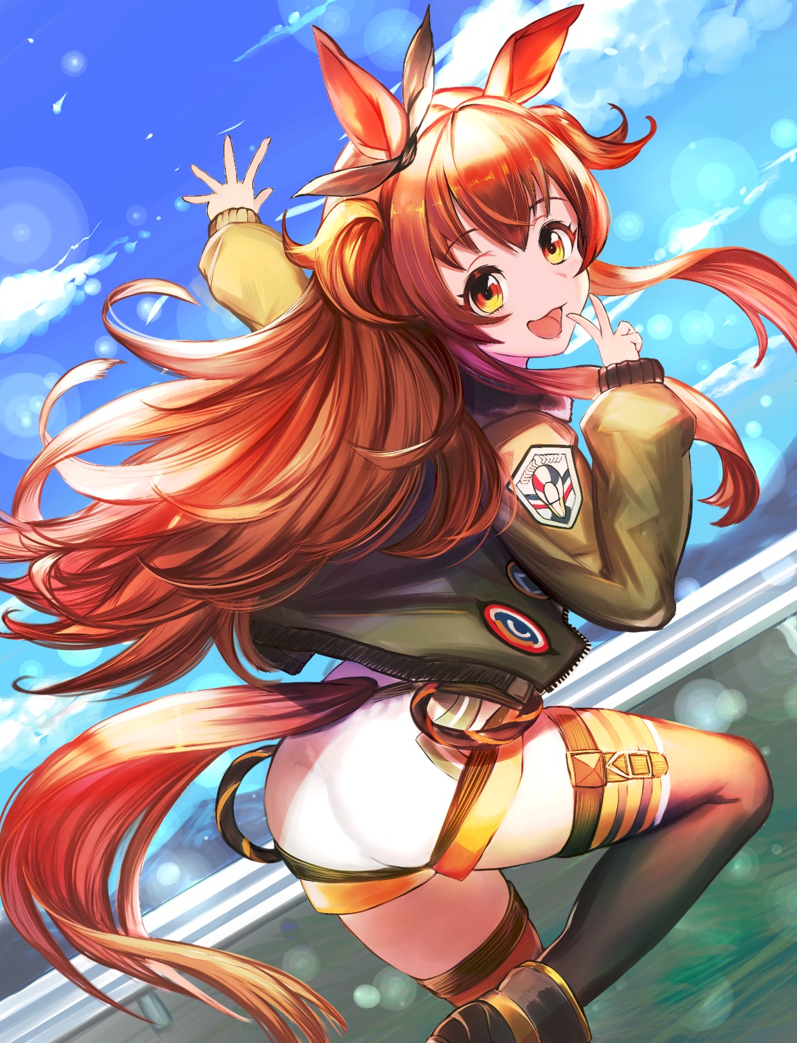 animal_ears, ass, cherokee, mayano_top_gun_(umamusume), tail, thighhighs, uma_musume_pretty_derby, uniform