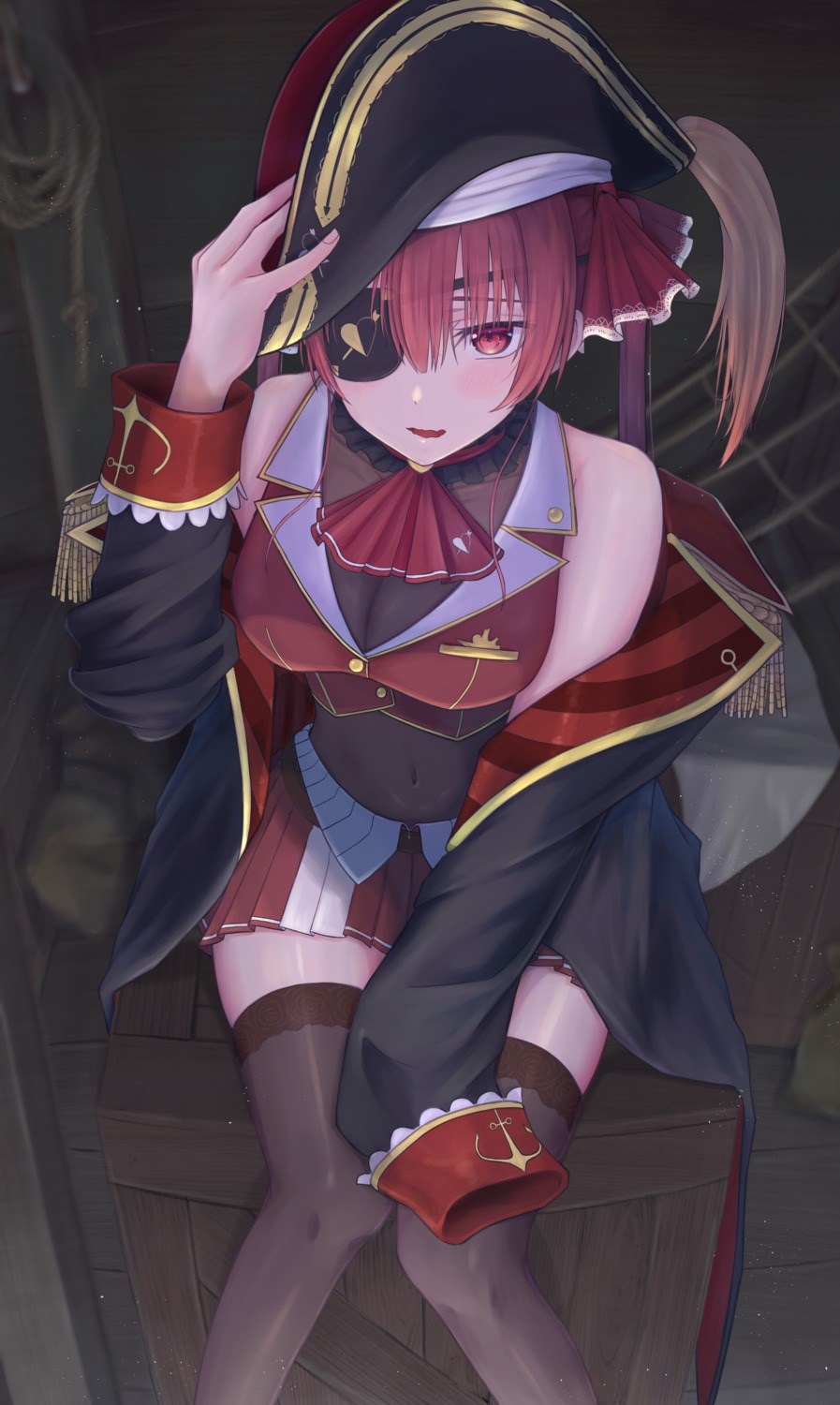 eyepatch, hinataaoi_(iraiuketsukechuu), hololive, houshou_marine, open_shirt, pirate, thighhighs