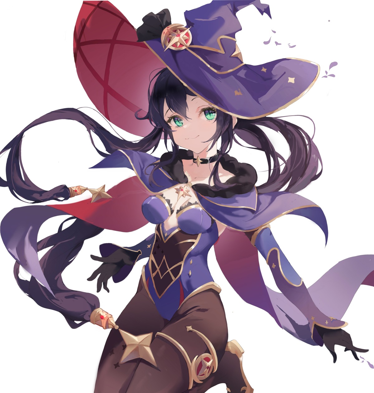 garter, genshin_impact, leotard, mei_bai, mona_megistus, no_bra, pantyhose, witch