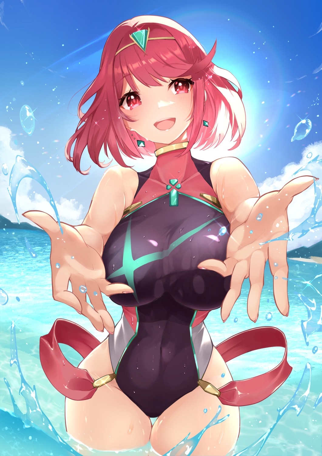 homura_(xenoblade_2), risumi, swimsuits, wet, xenoblade_(series), xenoblade_2