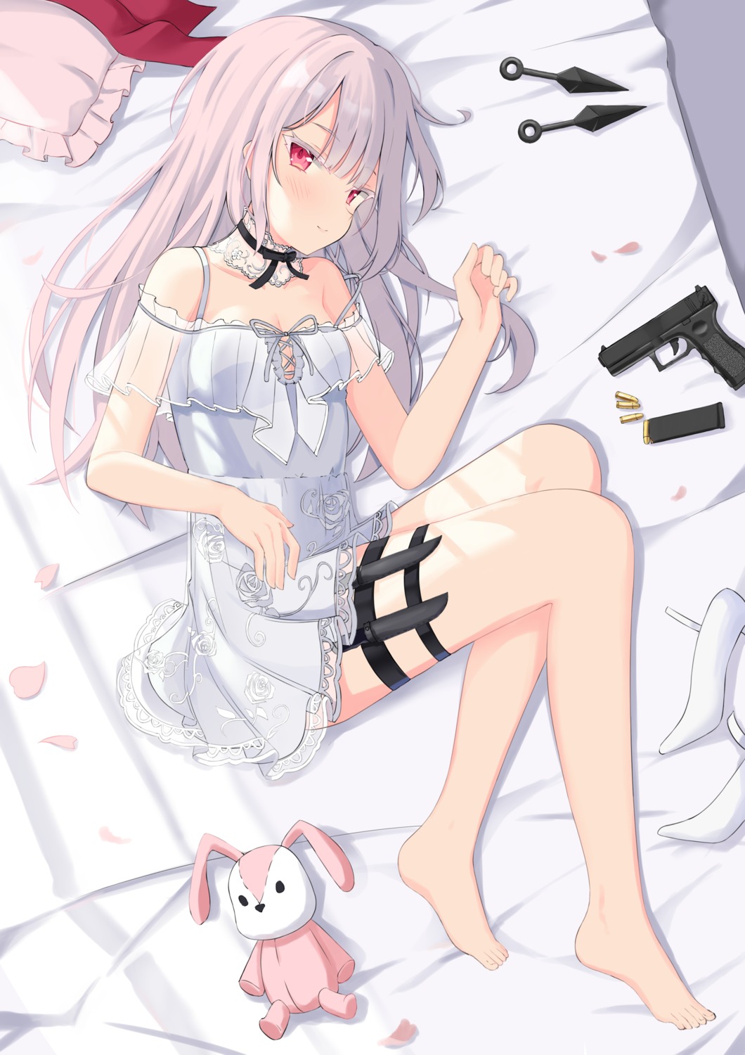 cleavage, dress, garter, no_bra, sakura_lily_(shiro), skirt_lift, weapon