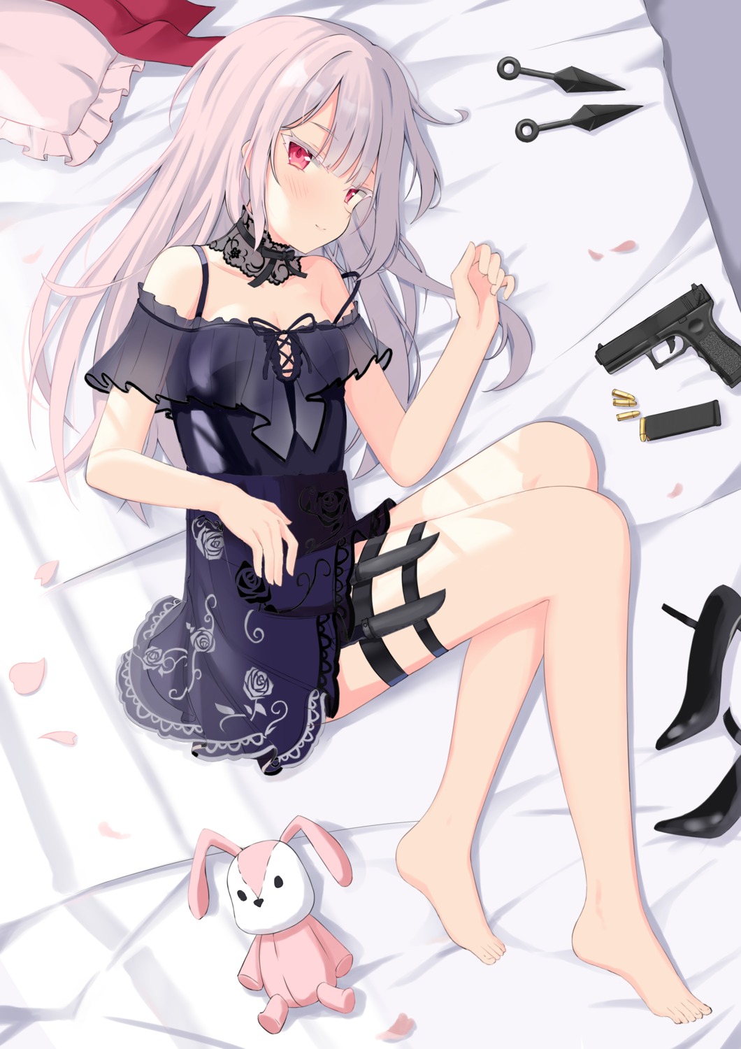 cleavage, dress, garter, no_bra, sakura_lily_(shiro), skirt_lift, weapon