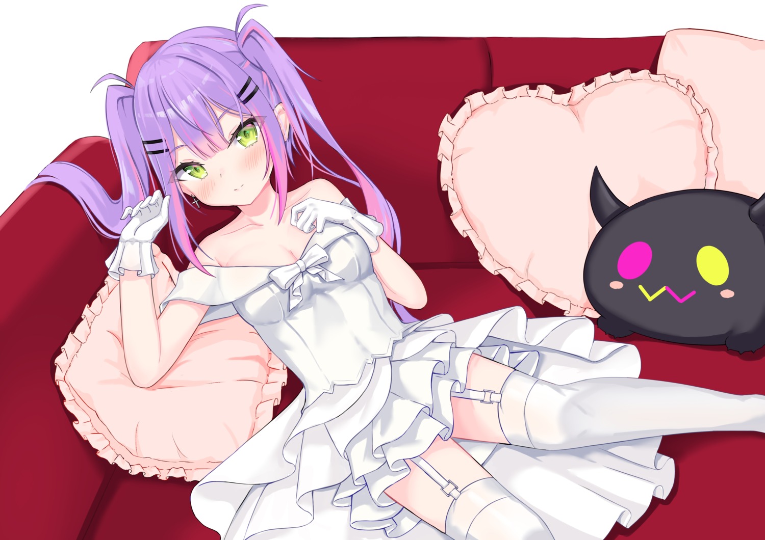 cleavage, dress, hololive, no_bra, sakura_lily_(shiro), skirt_lift, stockings, thighhighs