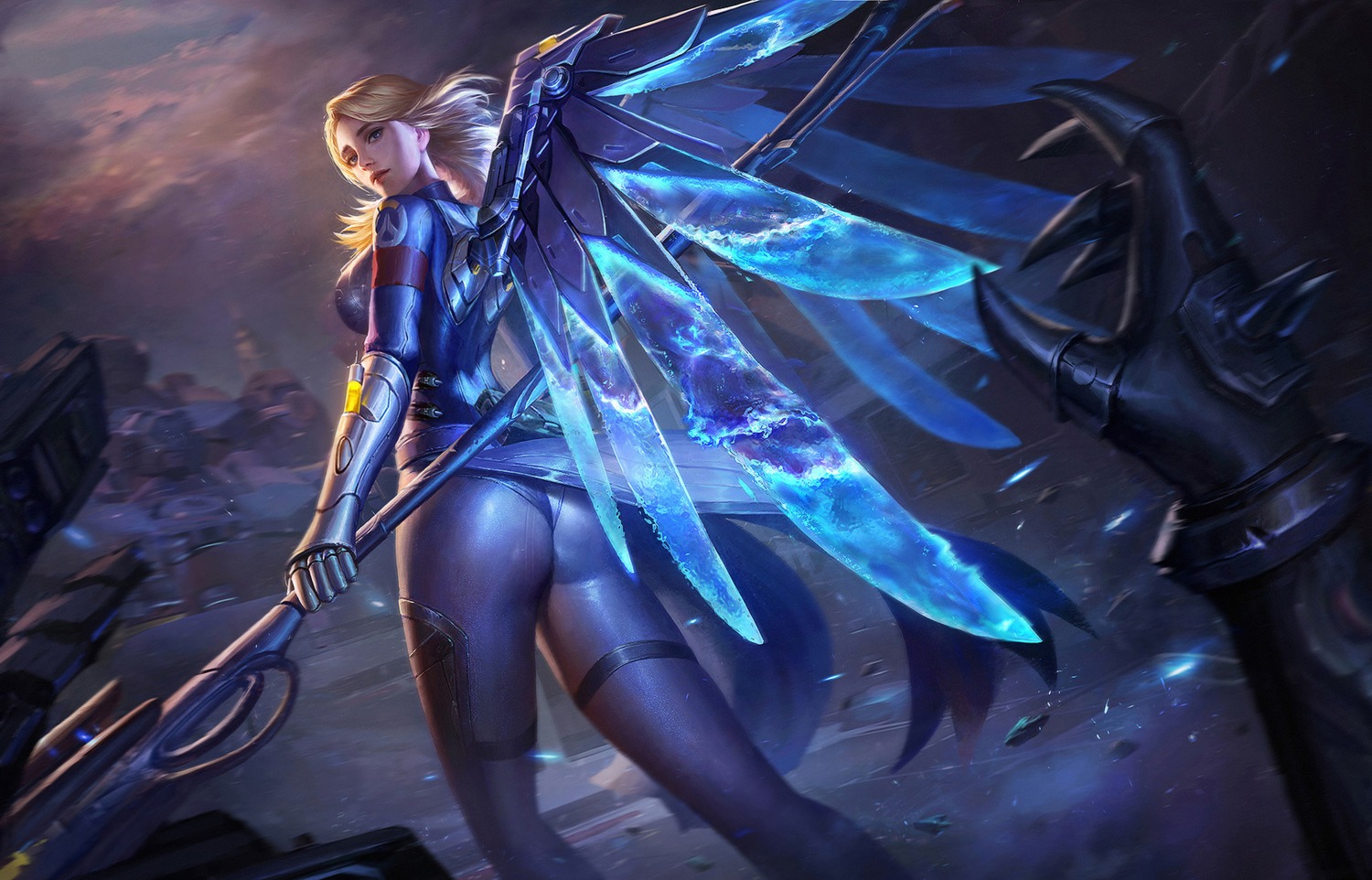 angel, ass, bodysuit, garter, mercy_(overwatch), overwatch, wang_chen, weapon, wings