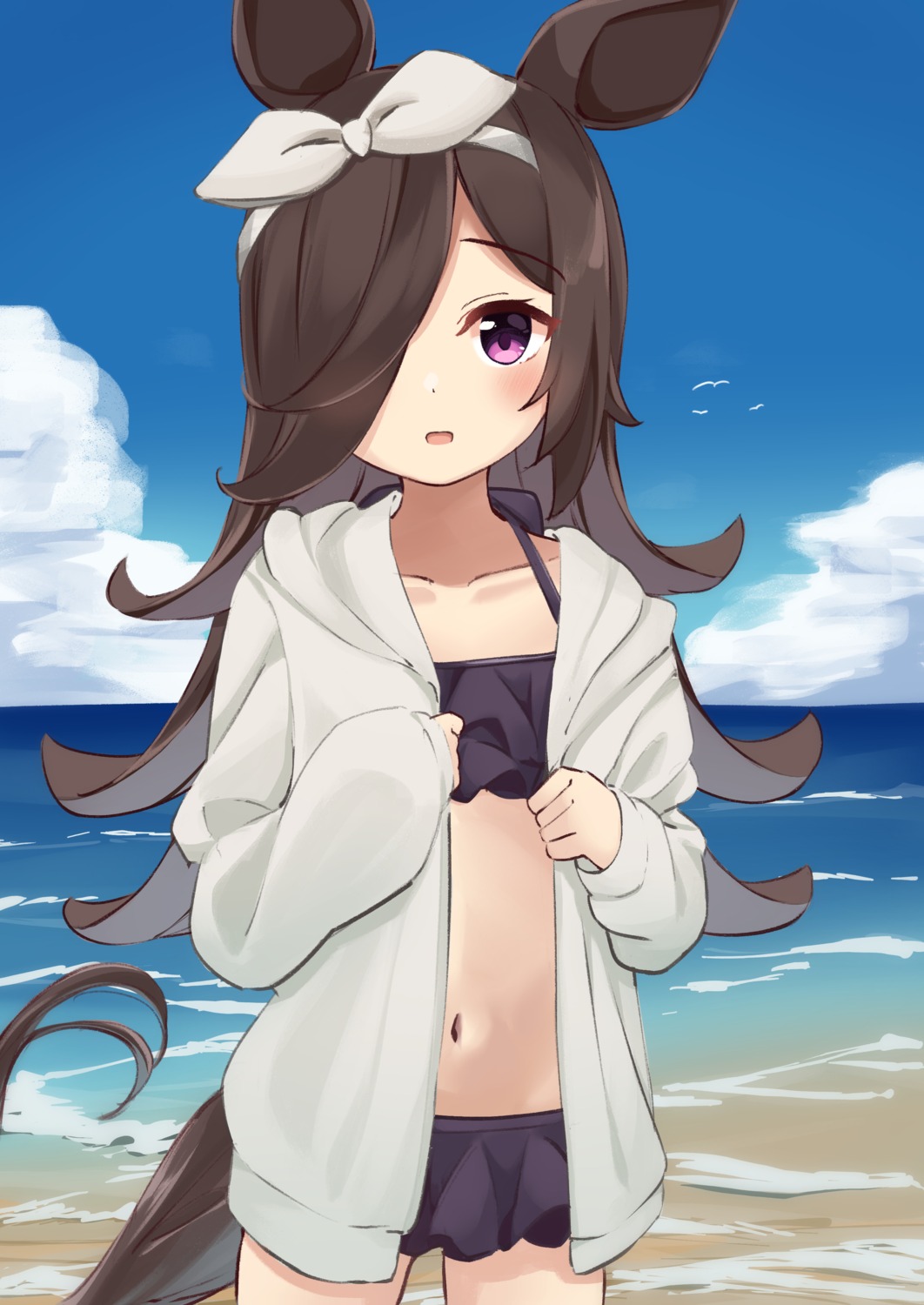 animal_ears, bikini, kafi_(cafee_kuu), open_shirt, rice_shower_(umamusume), swimsuits, tail, uma_musume_pretty_derby, undressing
