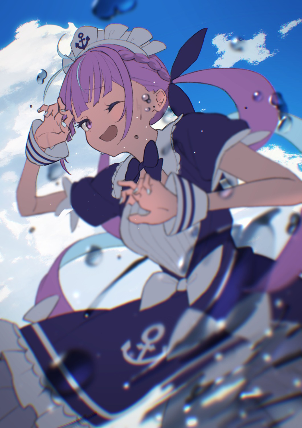 hololive, kiiui, maid, minato_aqua, skirt_lift, wet