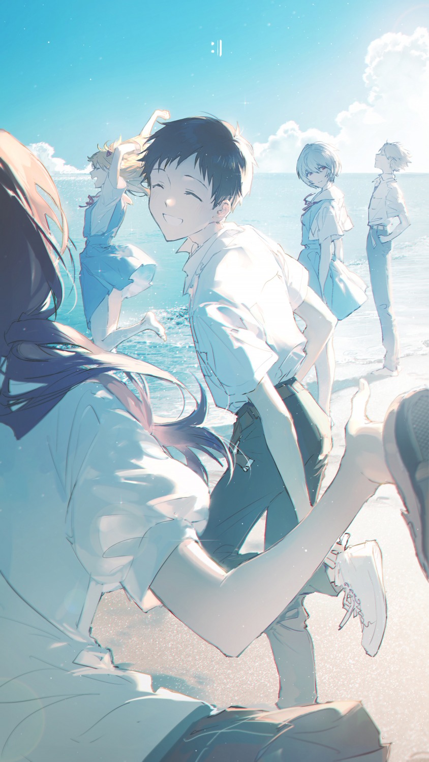 ayanami_rei, ikari_shinji, makinami_mari_illustrious, nagisa_kaworu, neon_genesis_evangelion, rella, seifuku, skirt_lift, souryuu_asuka_langley