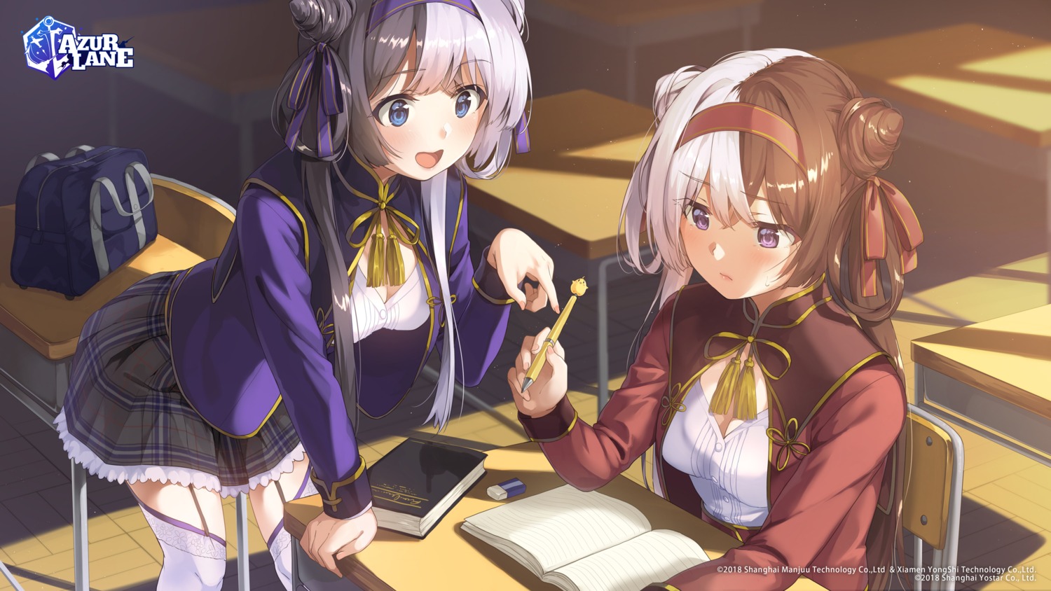 azur_lane, chao_ho_(azur_lane), cleavage, seifuku, stockings, thighhighs, unasaka, ying_swei_(azur_lane)
