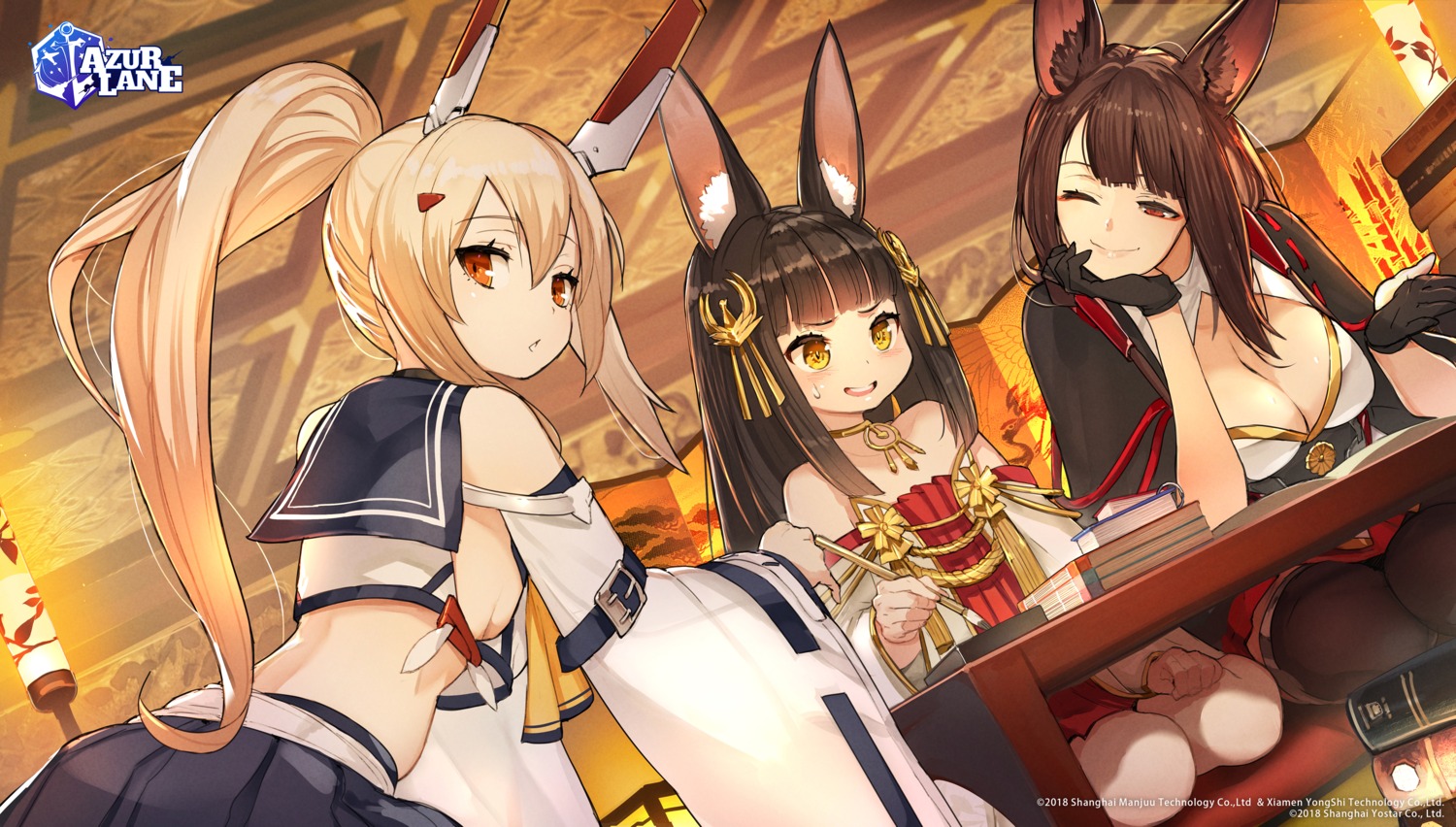 akagi_(azur_lane), animal_ears, ayanami_(azur_lane), azur_lane, hide_(hideout), japanese_clothes, kitsune, nagato_(azur_lane)