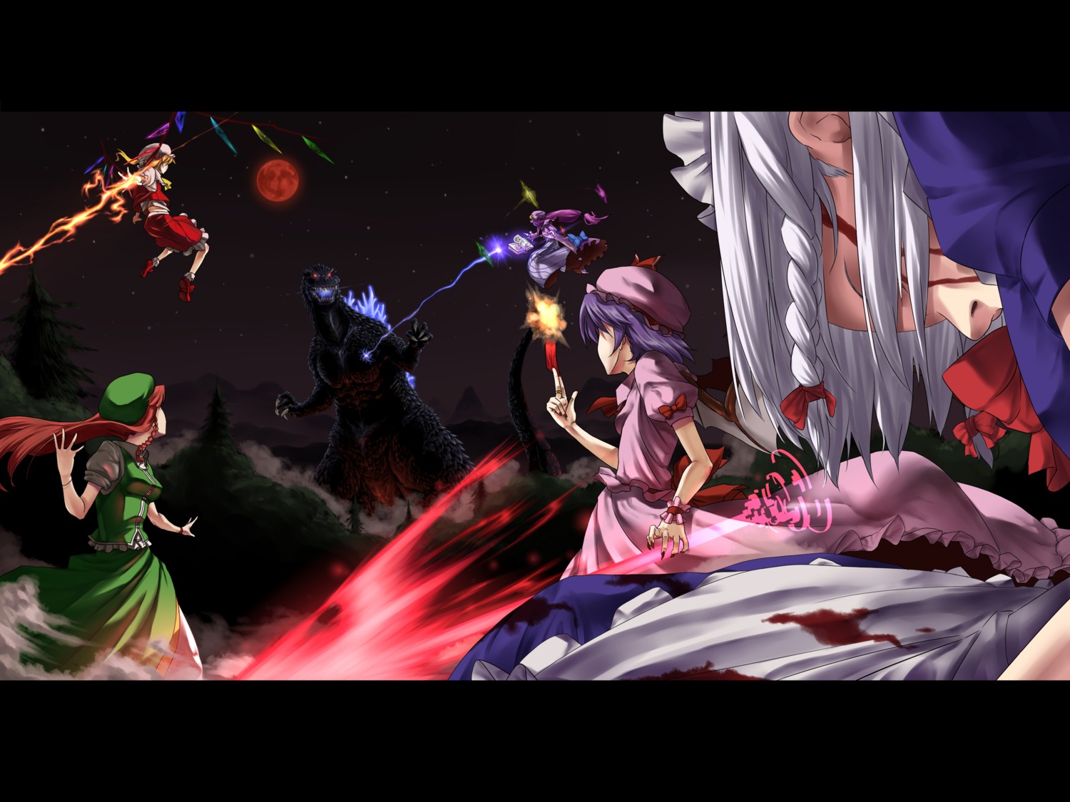 blood, flandre_scarlet, hong_meiling, izayoi_sakuya, monster, patchouli_knowledge, remilia_scarlet, shino_himegami, touhou