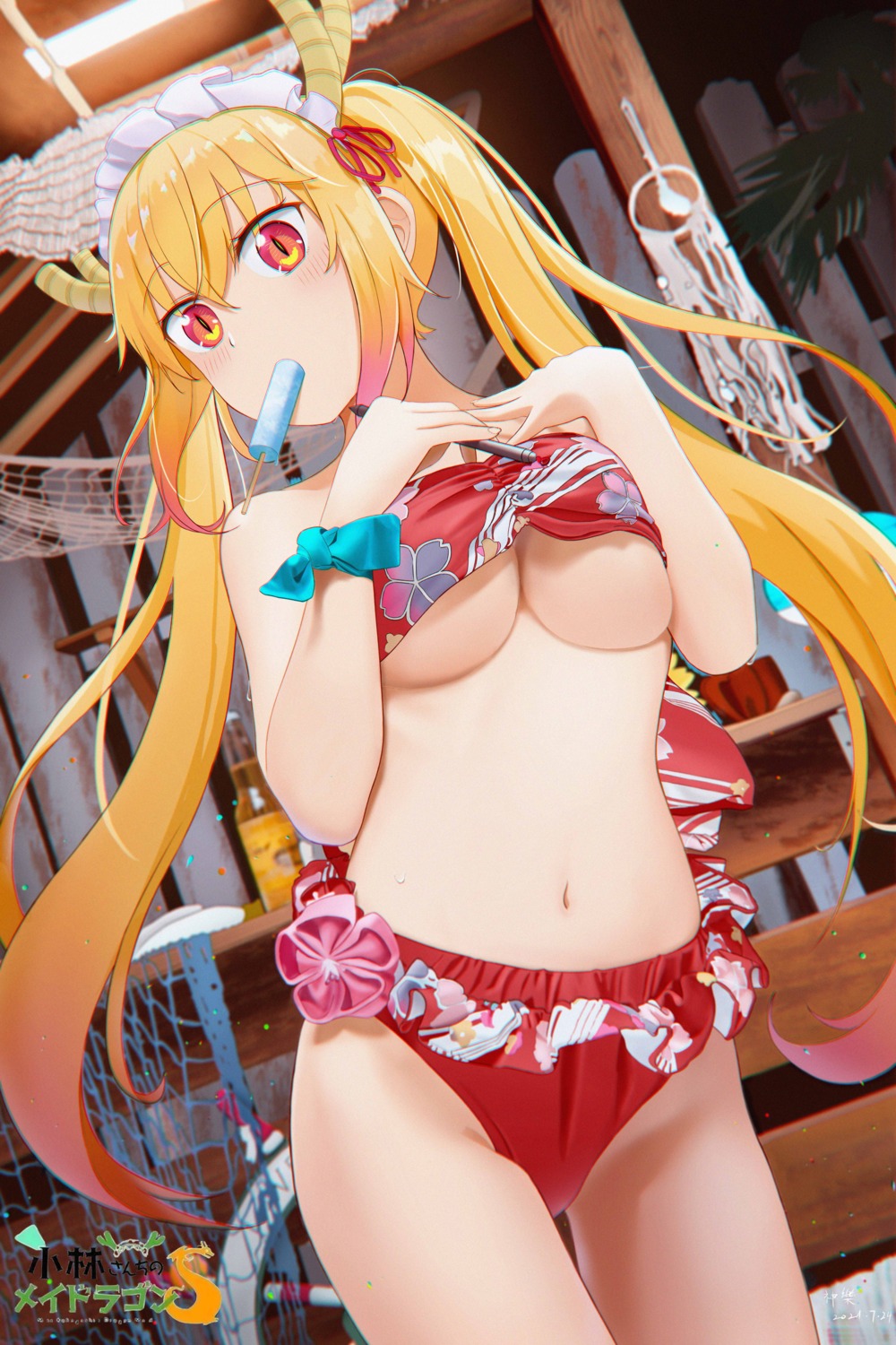 bikini, breast_hold, horns, kobayashi-san_chi_no_maidragon, shenle, swimsuits, tooru_(maidragon), underboob