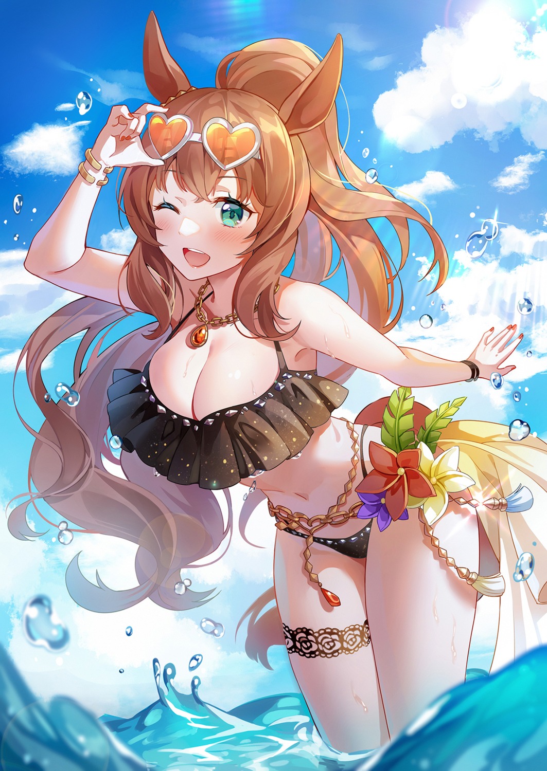 animal_ears, bikini, garter, hoshiko, maruzensky_(umamusume), megane, swimsuits, tail, uma_musume_pretty_derby, wet
