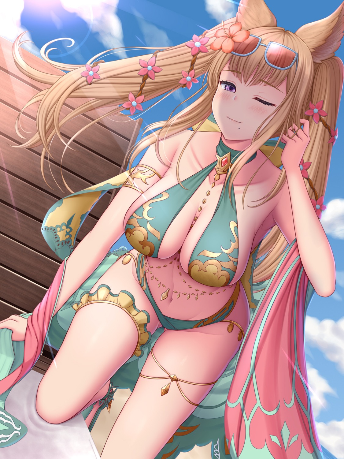 animal_ears, bikini, garter, granblue_fantasy, megane, melopun, metera_(granblue_fantasy), swimsuits