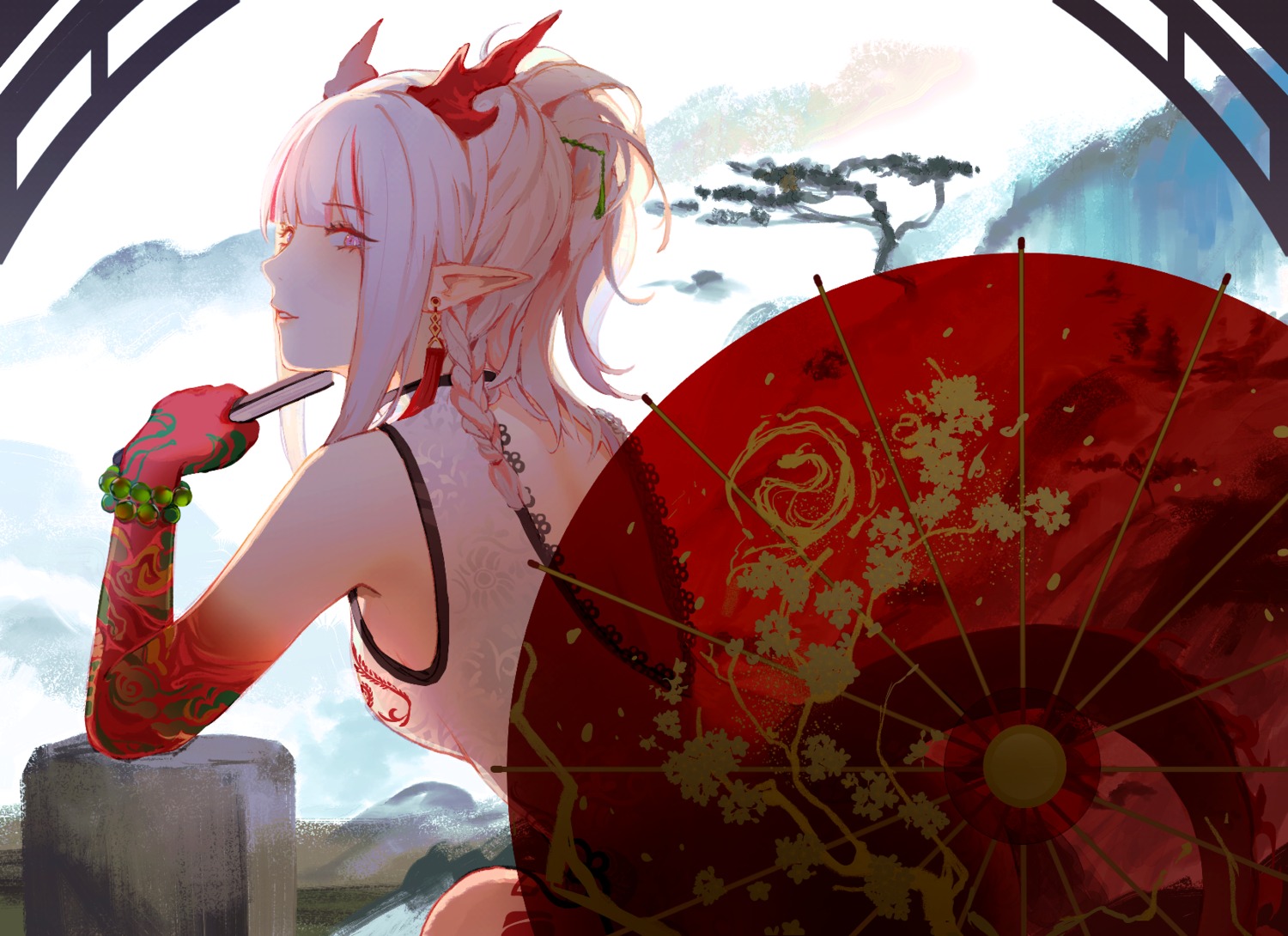 arknights, chinadress, horns, nian_(arknights), no_bra, pinlin, pointy_ears, tail, tattoo, umbrella