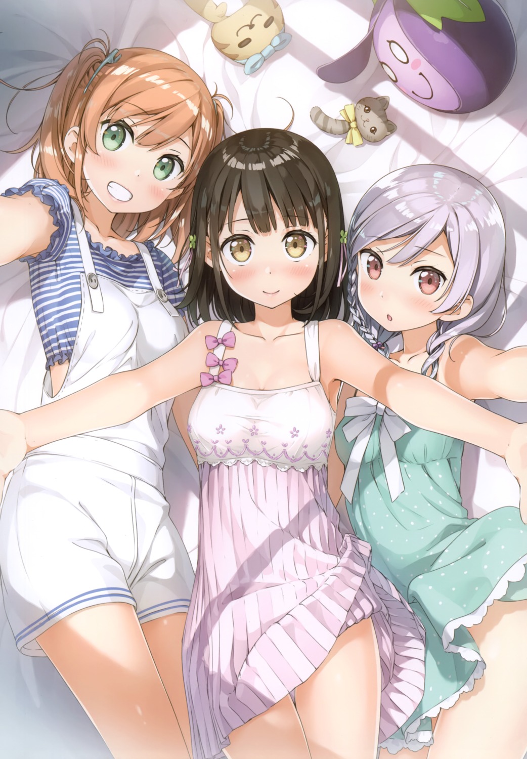 amatsuki_mashiro, dress, hanasaka_yui, kantoku, nanahashi_minori, one_room, overalls, skirt_lift