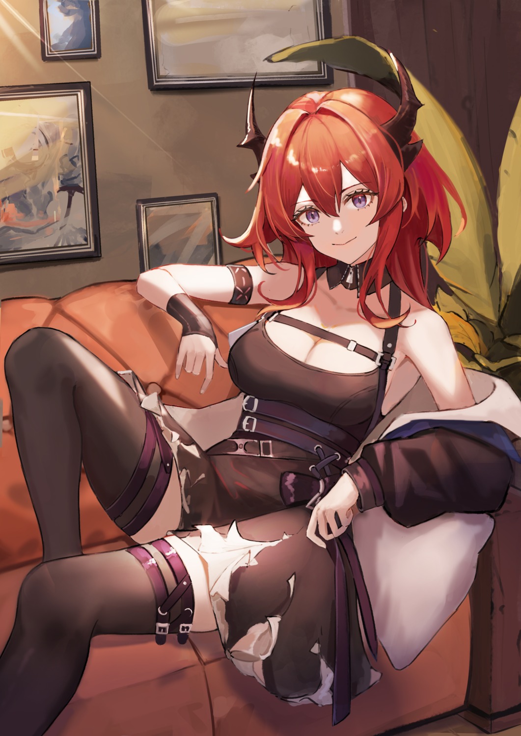 arknights, ema_(kuguiema), garter, horns, no_bra, skirt_lift, surtr_(arknights), thighhighs