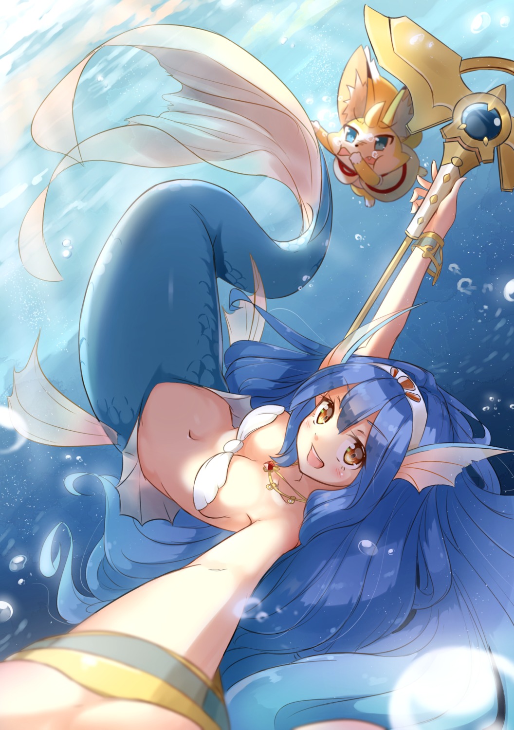 amelia_(world_flipper), bikini_top, mermaid, monster_girl, reiya, swimsuits, tail, weapon, world_flipper