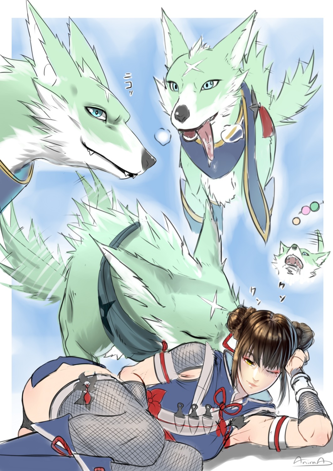 anima_(togashi), ass, canyne, fishnets, japanese_clothes, kamura_(monster_hunter_rise), monster_hunter, monster_hunter_rise, ninja, pantsu, sketch, thighhighs, weapon