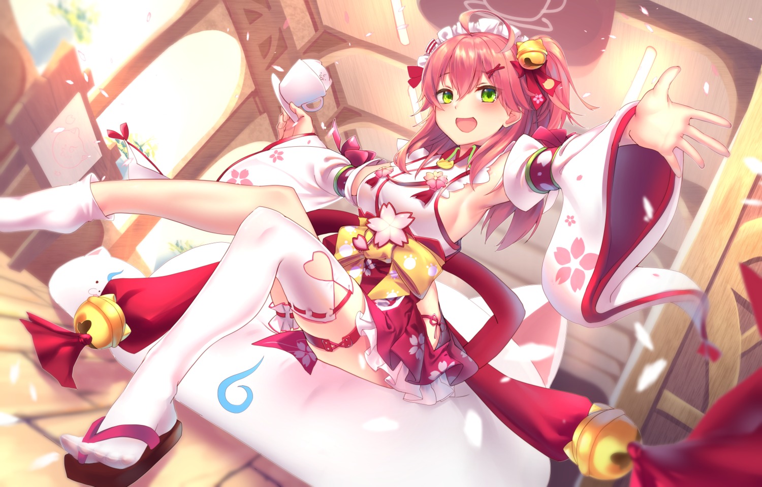 aekun_cben, garter, hololive, japanese_clothes, no_bra, pantsu, sakura_miko, skirt_lift