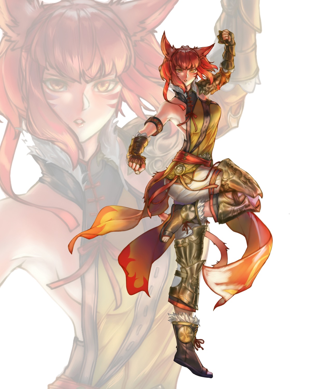 animal_ears, armor, asian_clothes, final_fantasy, final_fantasy_xiv, miqo'te, nekomimi, no_bra