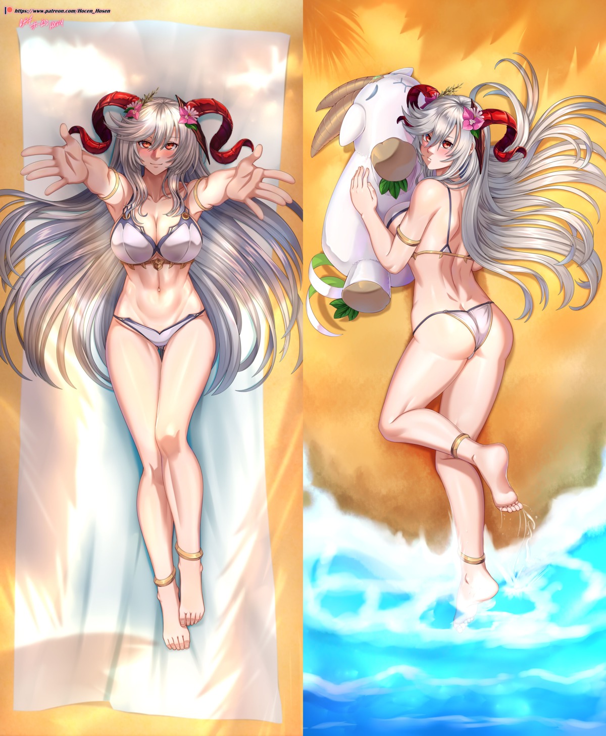 ass, bikini, cleavage, dakimakura, fire_emblem, fire_emblem_heroes, freyja_(fire_emblem), holcen_hosen, horns, swimsuits