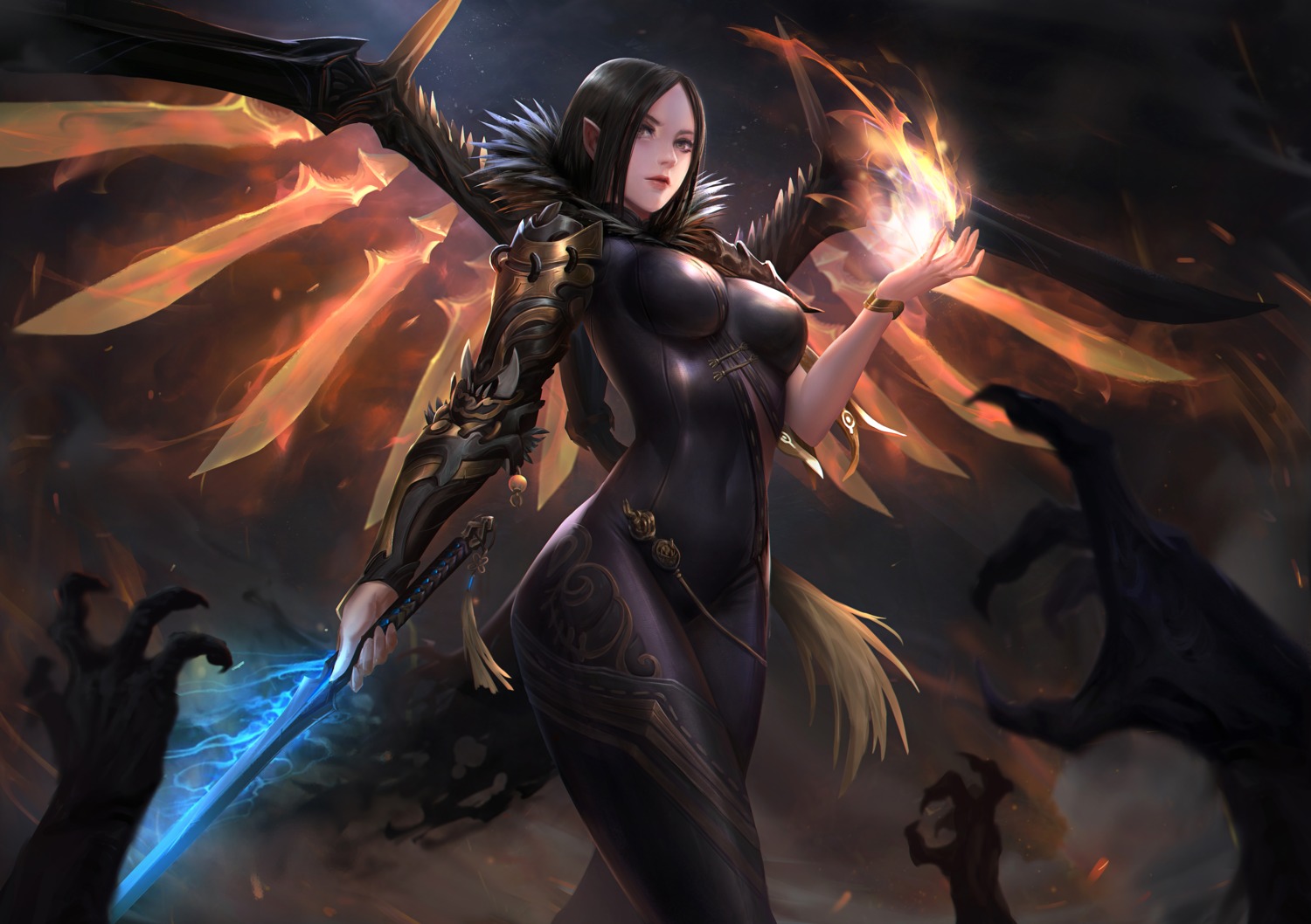armor, bachzim, blade_&_soul, bodysuit, jinsoyun, pointy_ears, sword, wings
