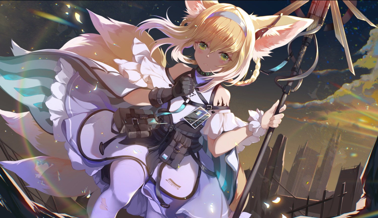 animal_ears, arknights, azusa0v0, kitsune, skirt_lift, suzuran_(arknights), tail, torn_clothes