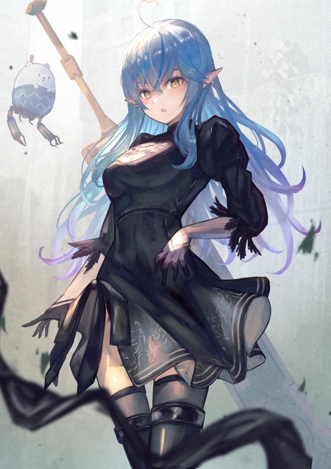cosplay, elf, hololive, nier, nier_automata, pointy_ears, skirt_lift, sword, thighhighs, xyunx, yorha_no.2_type_b, yukihana_lamy