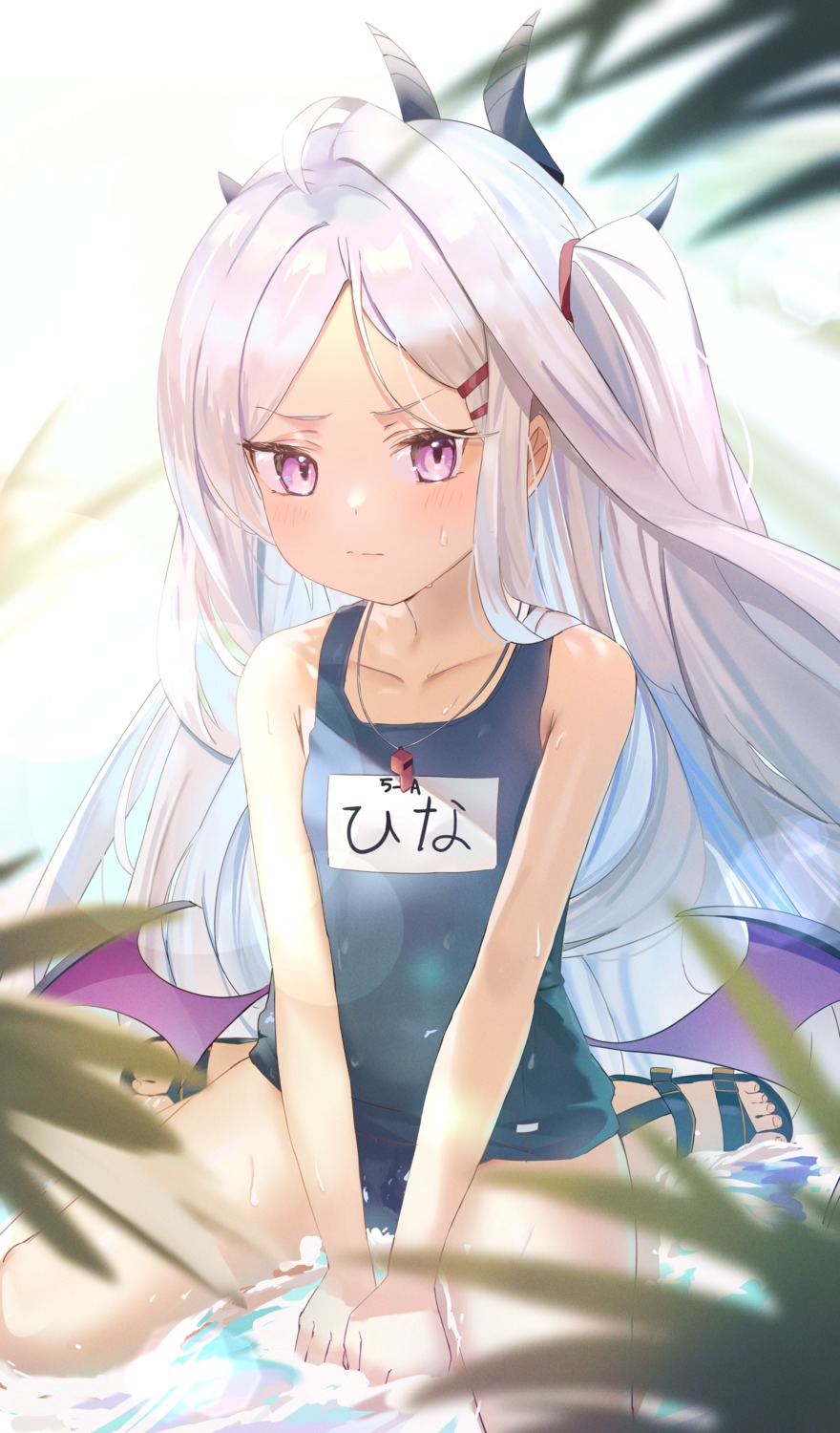 blue_archive, derby_(dabidabi), devil, horns, school_swimsuit, sorasaki_hina, swimsuits, wet