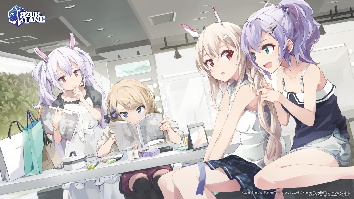 animal_ears, ayanami_(azur_lane), azur_lane, bunny_ears, dress, javelin_(azur_lane), laffey_(azur_lane), skirt_lift
