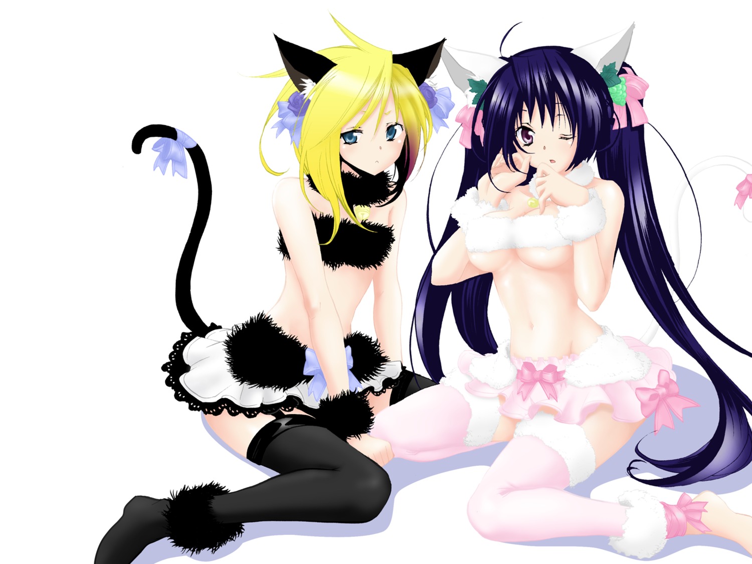 animal_ears, asu_no_yoichi, ikaruga_ayame, ikaruga_ibuki, nekomimi, tail, thighhighs, underboob